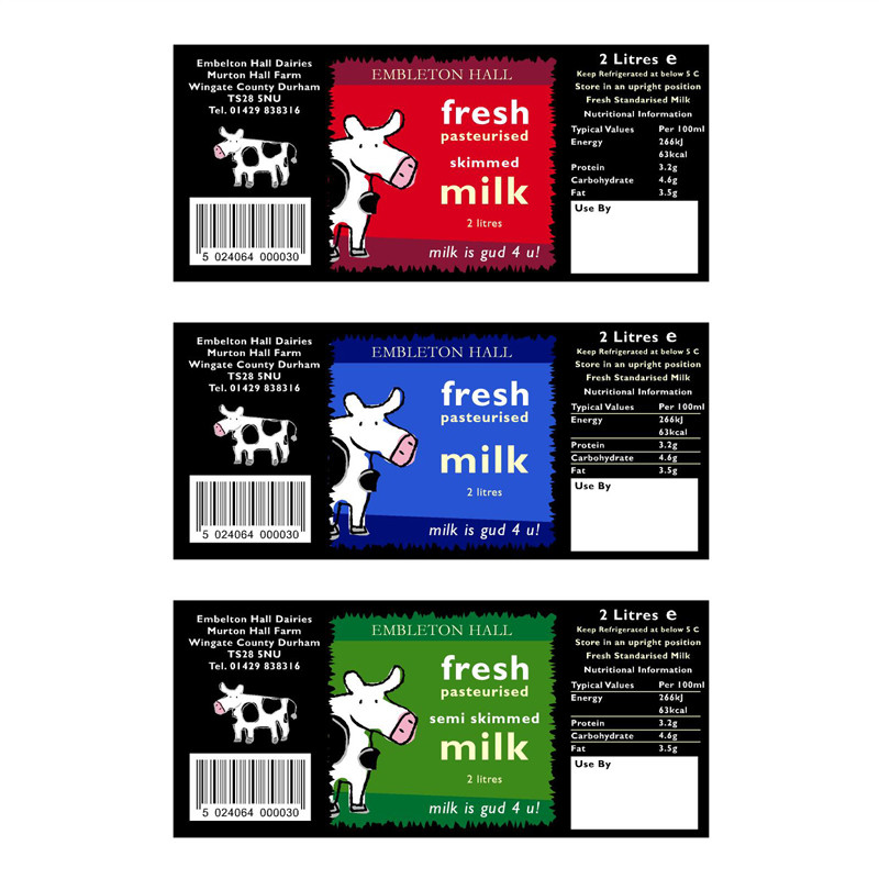 Embleton Hall Dairies milk label designs